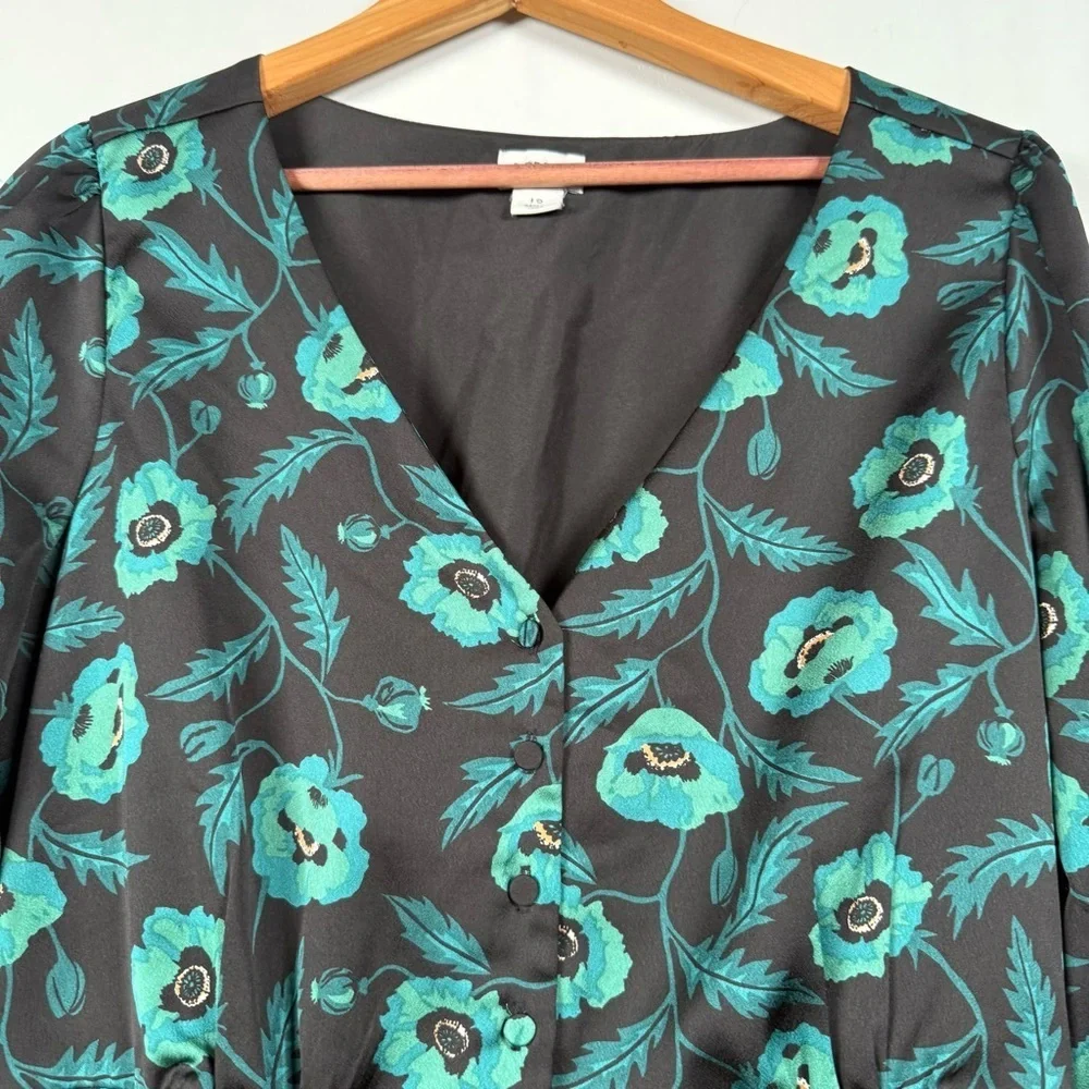 J. Crew Satin Crepe Poppy Print Peplum Blouse V Neck Size 10